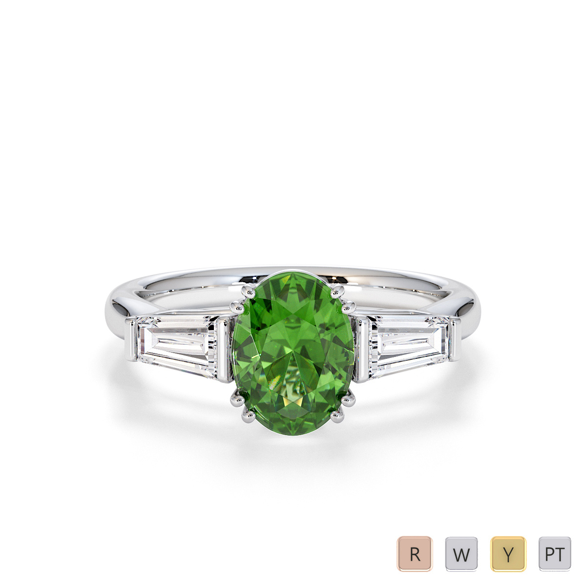 Oval Shape Green Tourmaline and Tapered Baguette Diamond Ring 0783