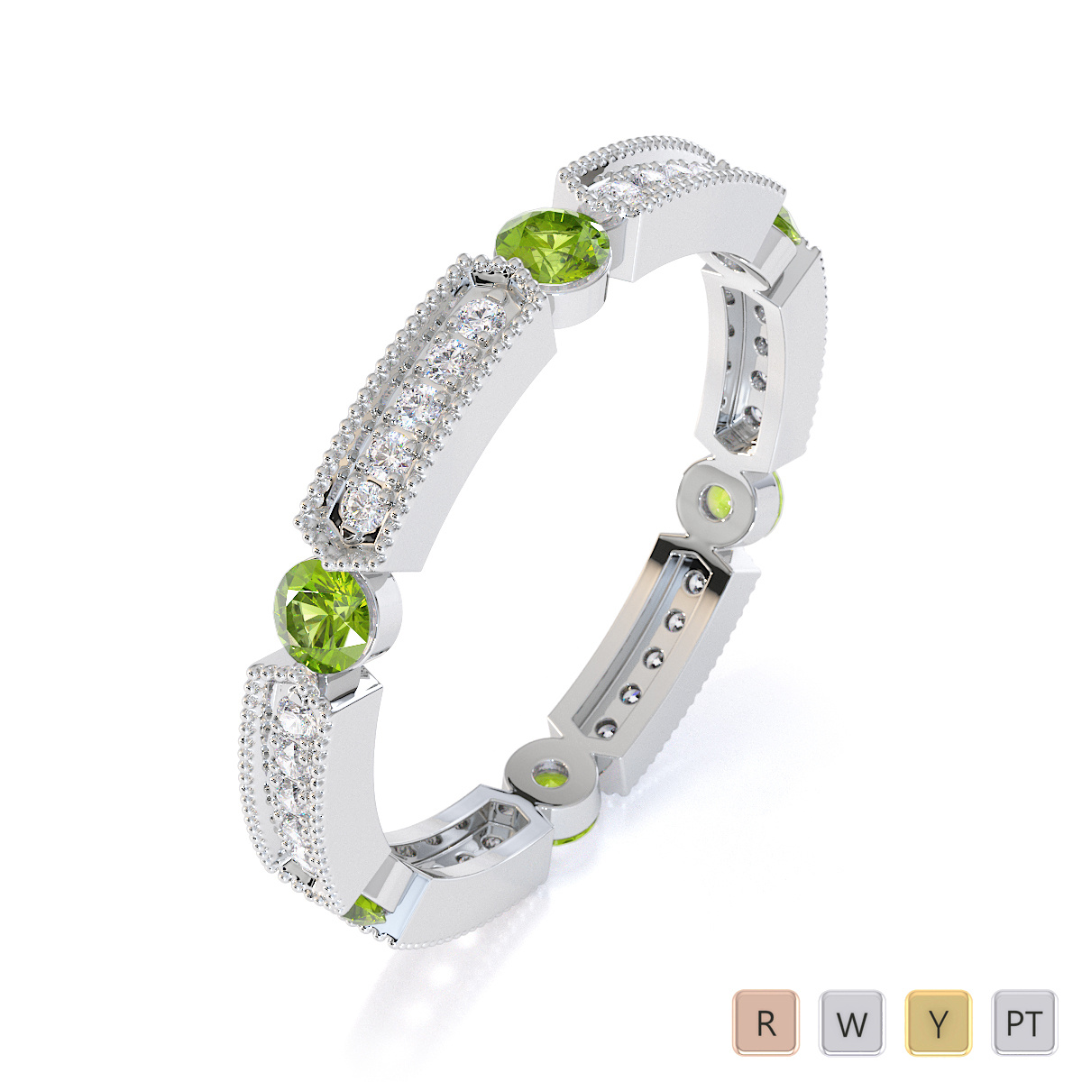 Milgrain Prong Set Diamond & Bezel Set Peridot Full Eternity Ring 0424