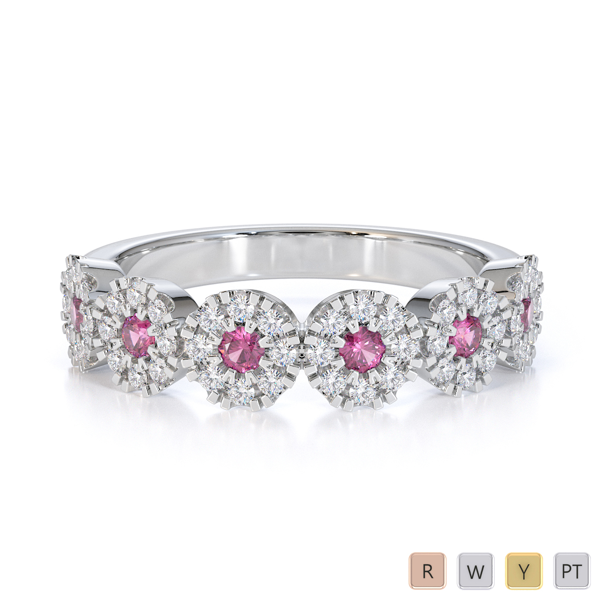 Round Cut Diamond and Pink Sapphire Half Eternity Ring in Gold / Platinum ATZR-0455