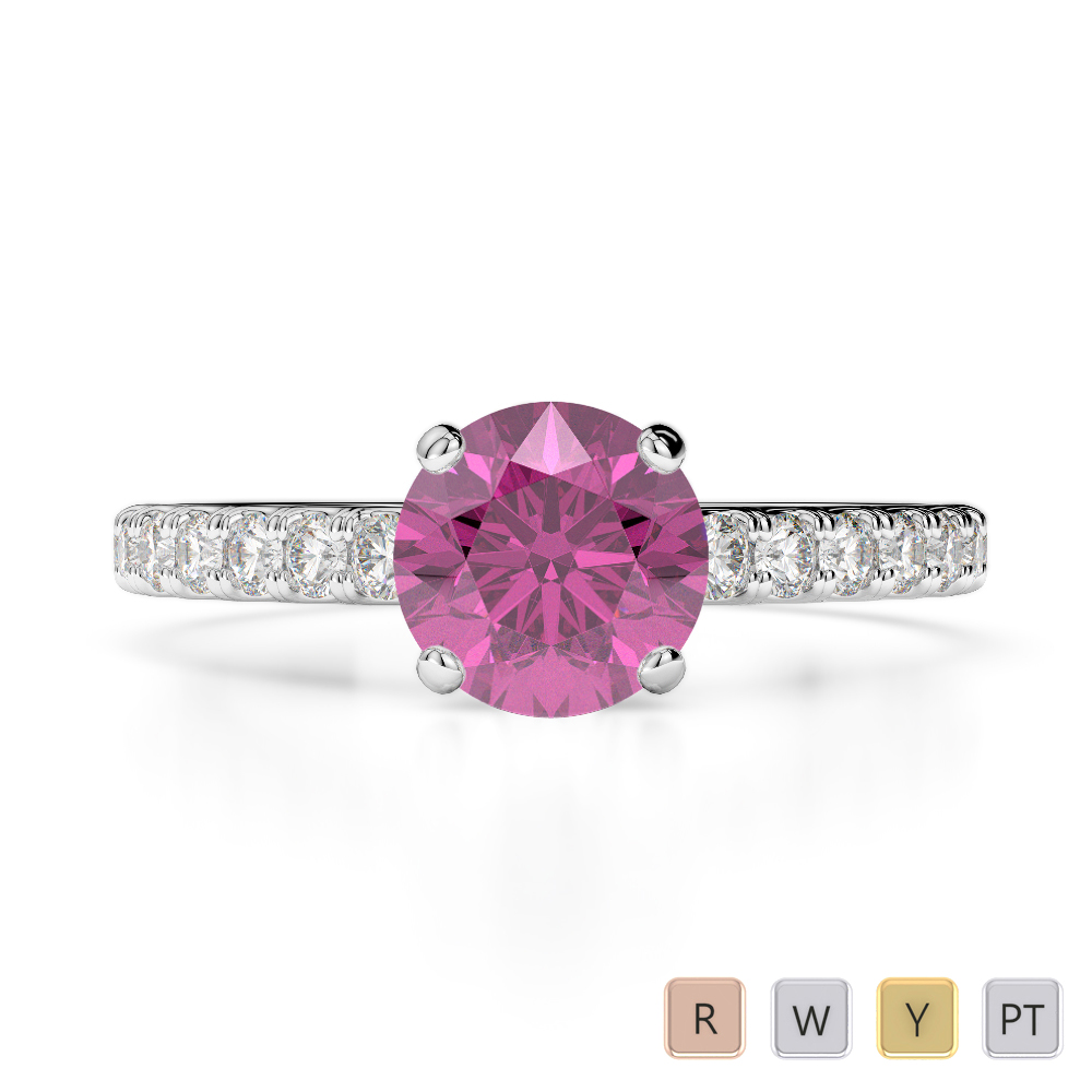 Round Cut Pink Sapphire & Diamond Engagement Ring in Gold / Platinum ATZR-0199