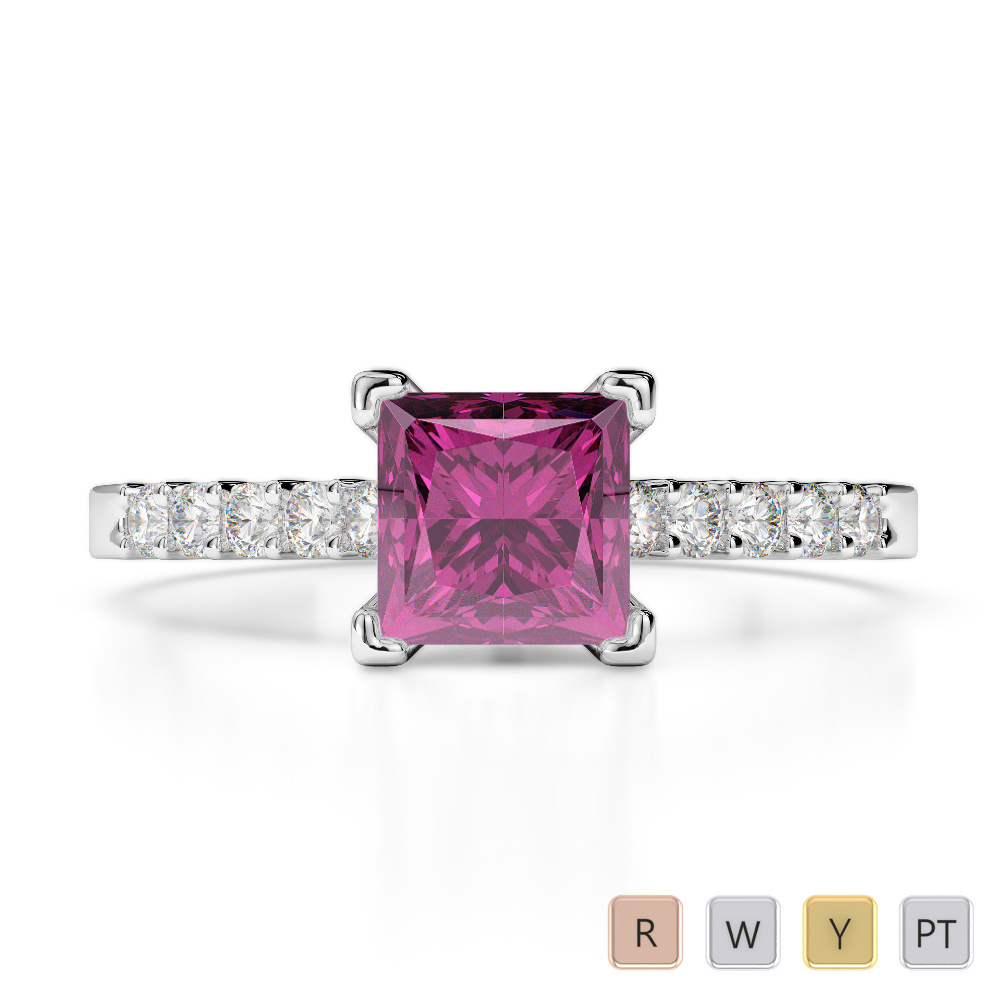 Princess Pink Sapphire and Round Diamond Engagement Ring With Diamond 0208