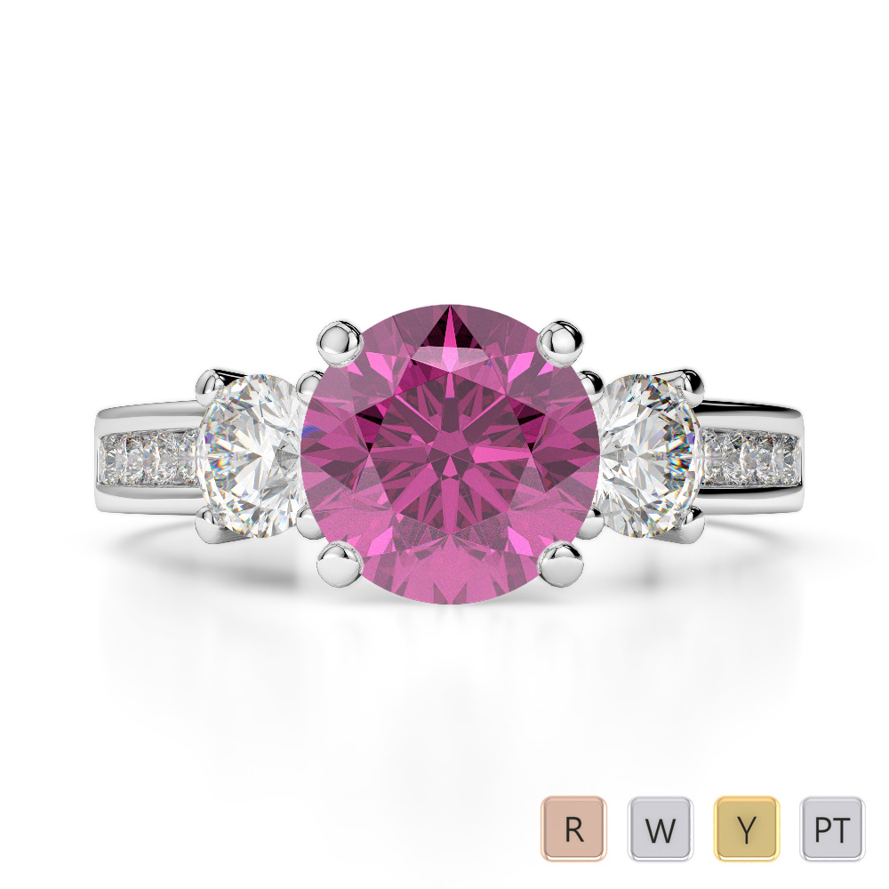 Round Cut Diamond & Pink Sapphire Engagement Ring 0216