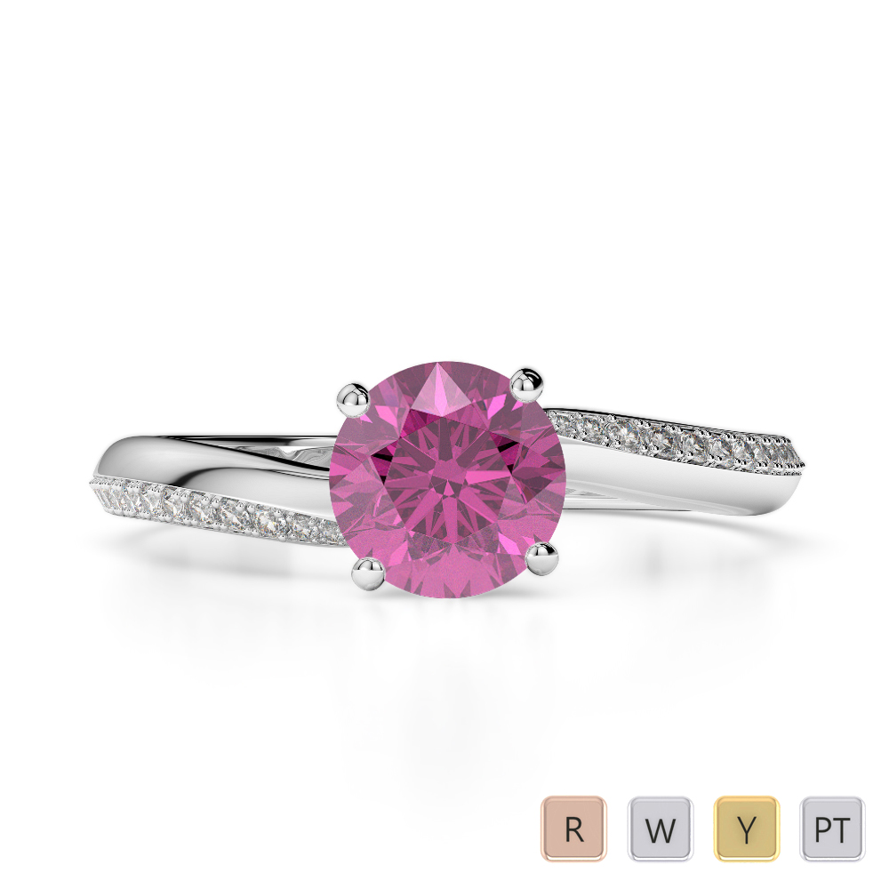 Round Cut Pink Sapphire & Diamond Engagement Ring in Gold / Platinum ATZR-0266