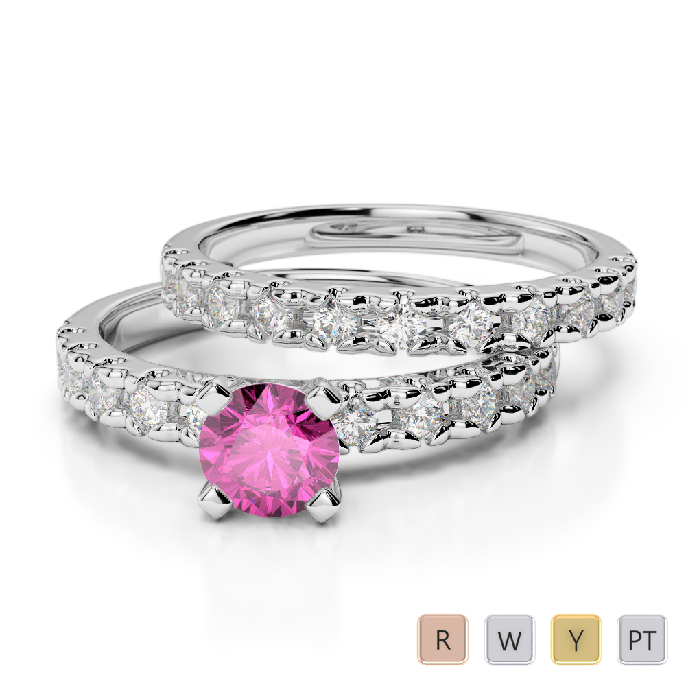 Round Cut Bridal Set Ring With Diamond and Pink Sapphire in Gold / Platinum ATZR-0299