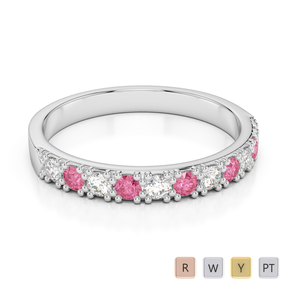 3 MM Round Cut Diamond & Pink Tourmaline Half Eternity Ring 0408
