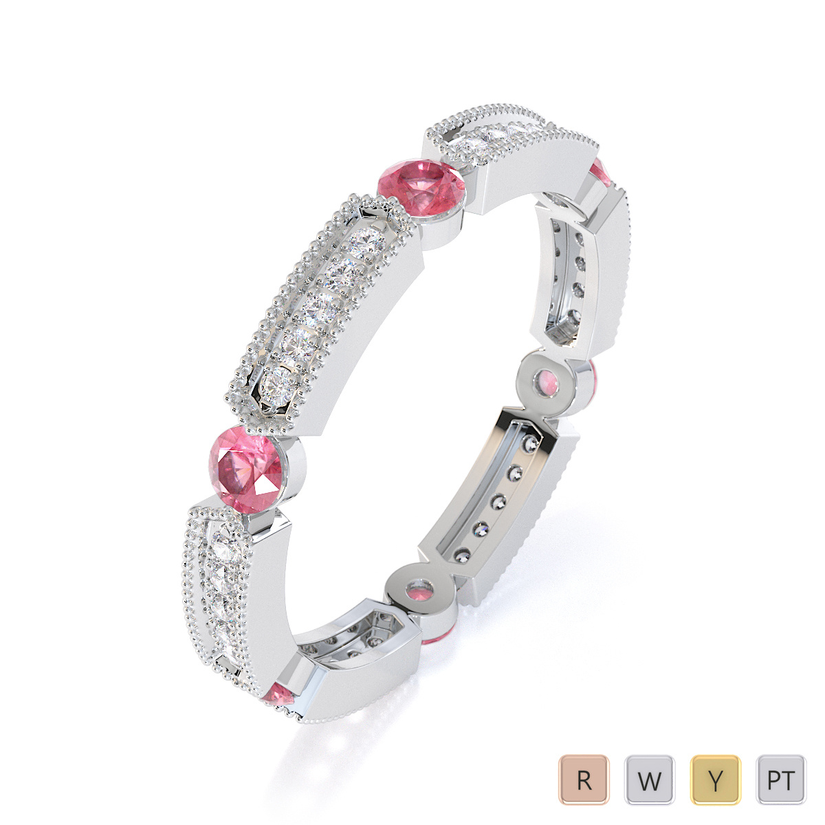 Milgrain Prong Set Diamond & Bezel Set Pink Tourmaline Full Eternity Ring 0424