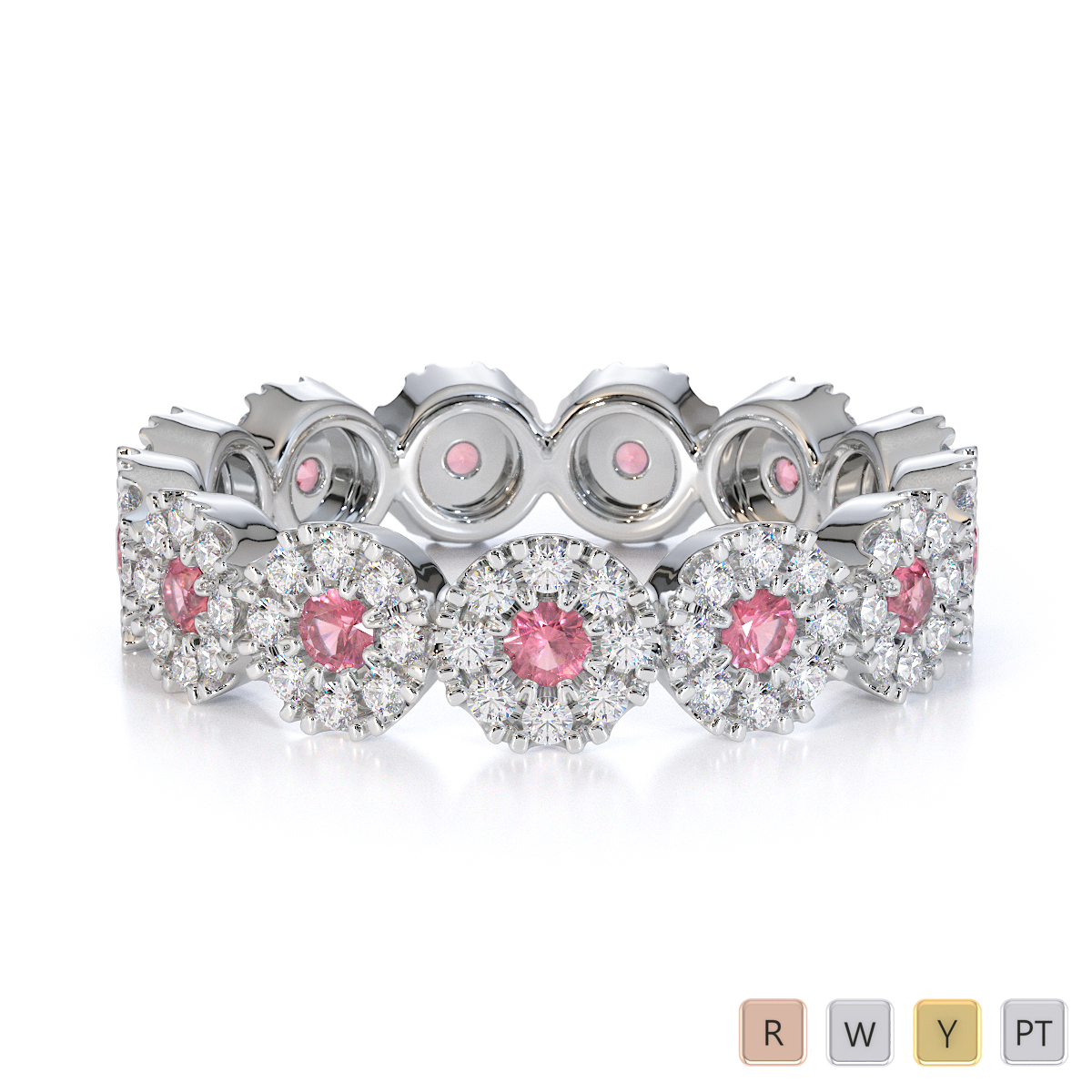 Prong Set Pink Tourmaline and Diamond Full Eternity Ring in Gold / Platinum ATZR-0454
