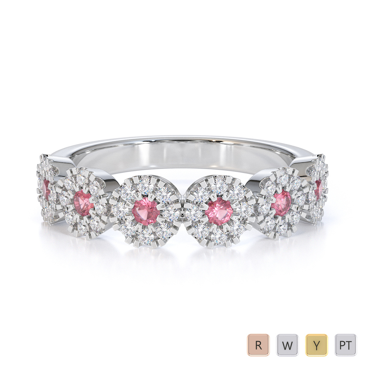 Round Cut Diamond and Pink Tourmaline Half Eternity Ring 0455