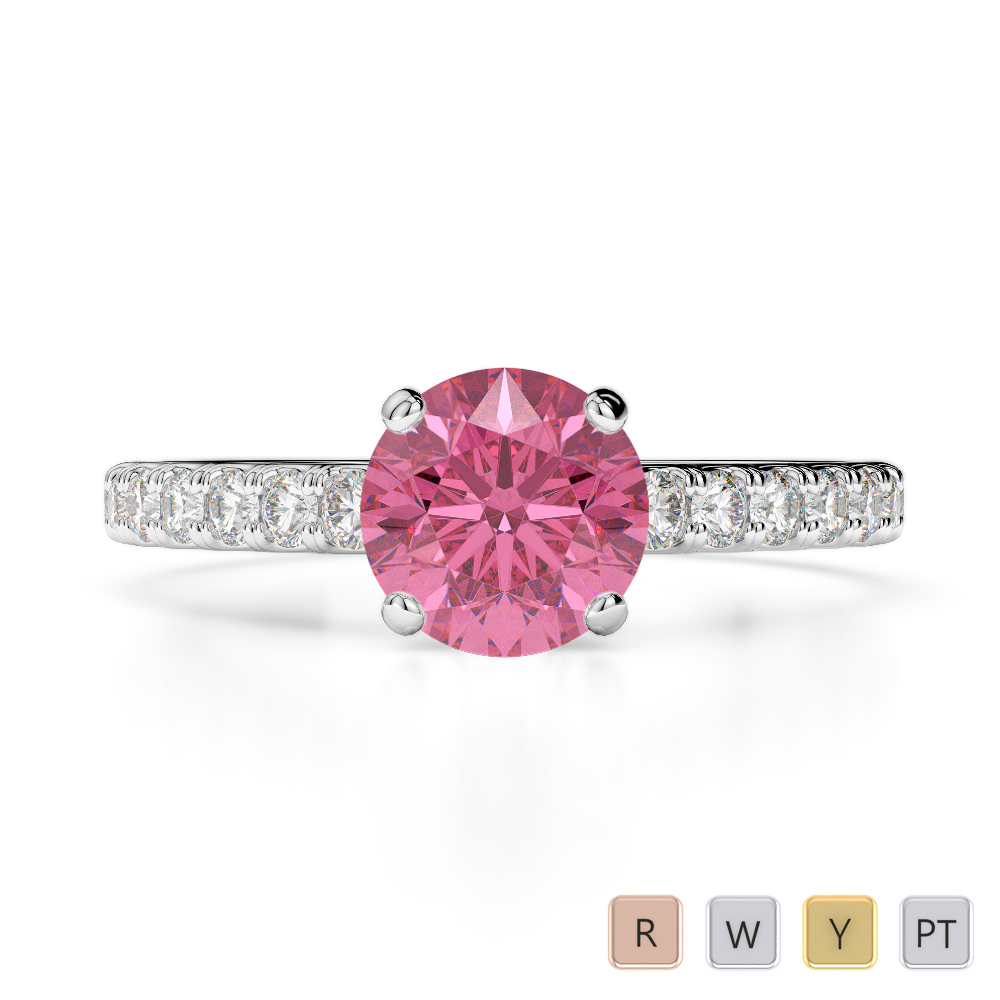 Round Cut Pink Tourmaline & Diamond Engagement Ring in Gold / Platinum ATZR-0199