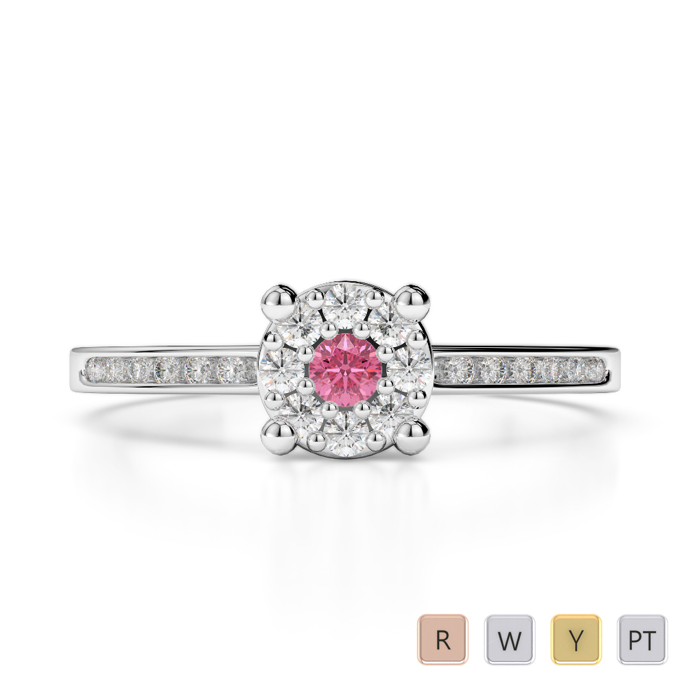 Round Cut Pink Tourmaline and Diamond Engagement Ring in Gold / Platinum ATZR-0225