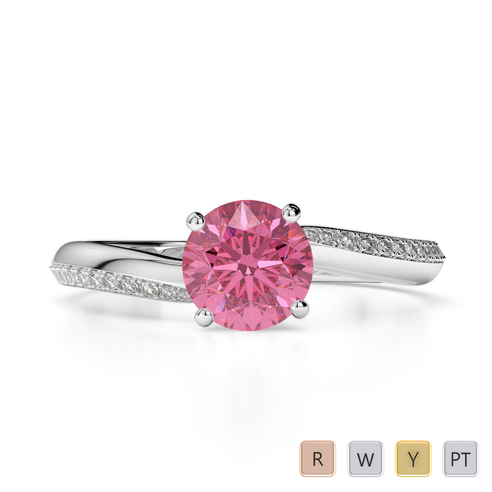Round Cut Pink Tourmaline & Diamond Engagement Ring in Gold / Platinum ATZR-0266