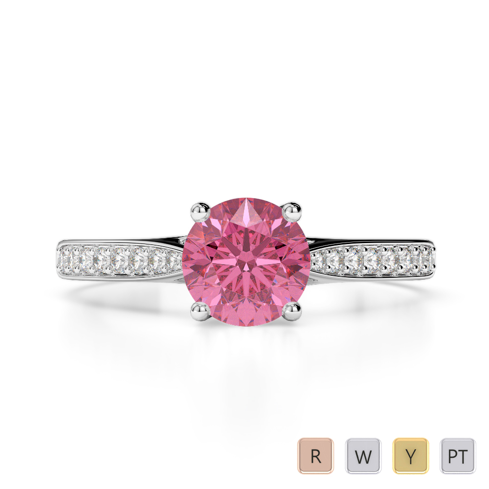Round Cut Pink Tourmaline Engagement Ring With Diamond in Gold / Platinum ATZR-0284