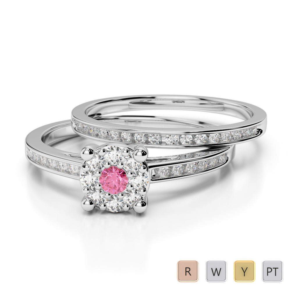 Channel Set Diamond & Prong Set Pink Tourmaline Bridal Set Ring 0291