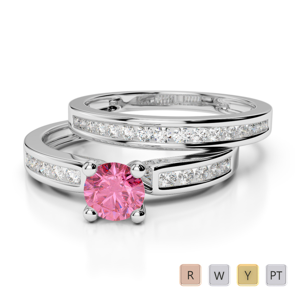 Channel Diamond & Prong Set Pink Tourmaline Bridal Set Ring 0312