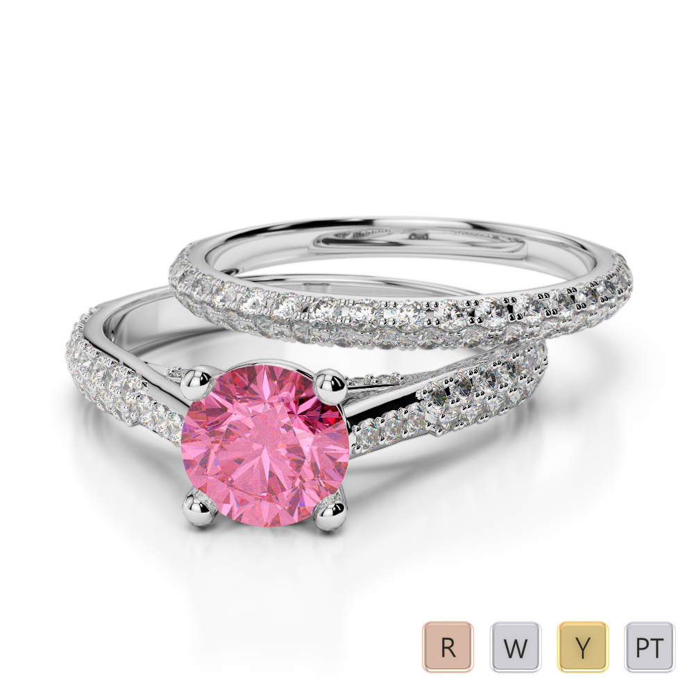 Prong Set Diamond and Pink Tourmaline Bridal Set Ring 0330