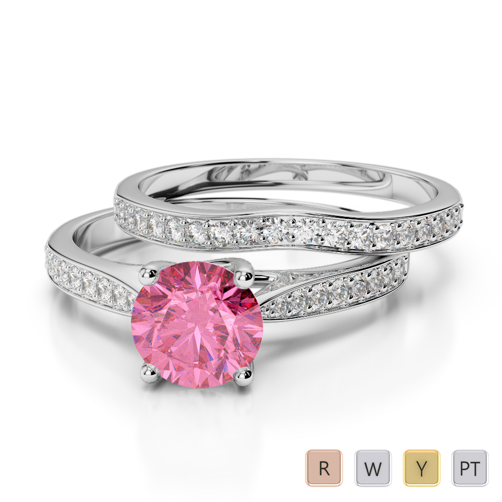 Round Cut Bridal Set Ring With Pink Tourmaline and Diamond in Gold / Platinum ATZR-0350