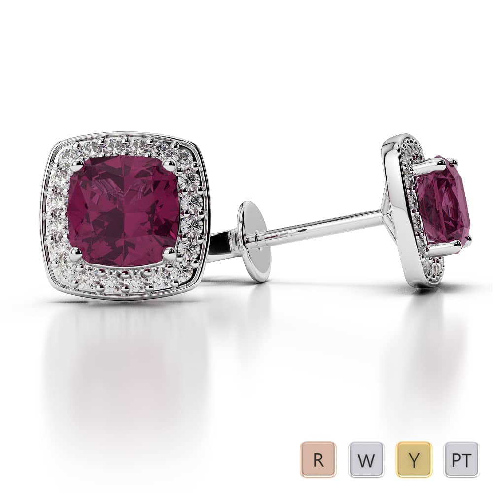 Cushion Shape Ruby and Diamond Earrings in Gold / Platinum ATZER-0466
