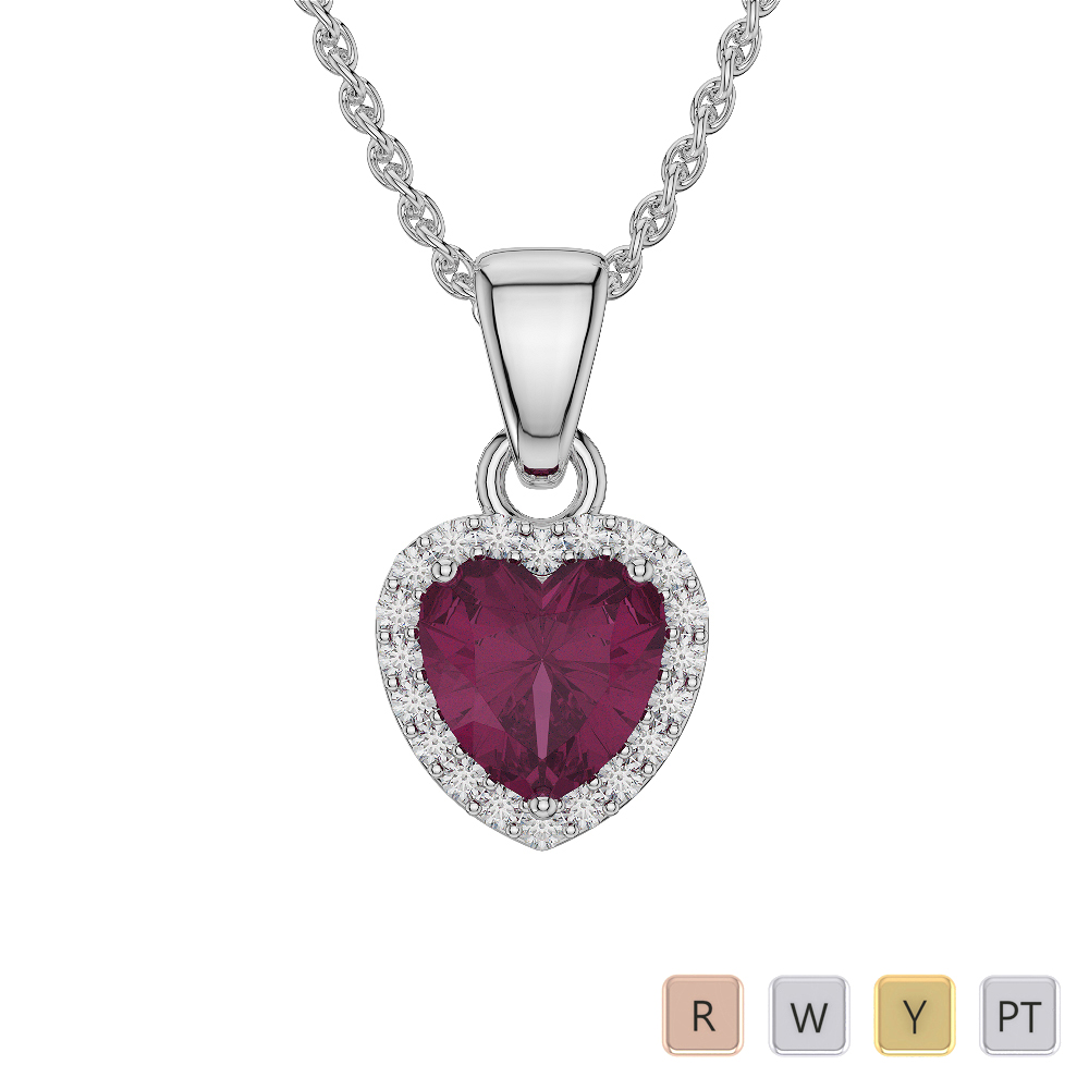 Heart Shape Ruby & Round Diamond Necklaces in Gold / Platinum ATZNK-0562