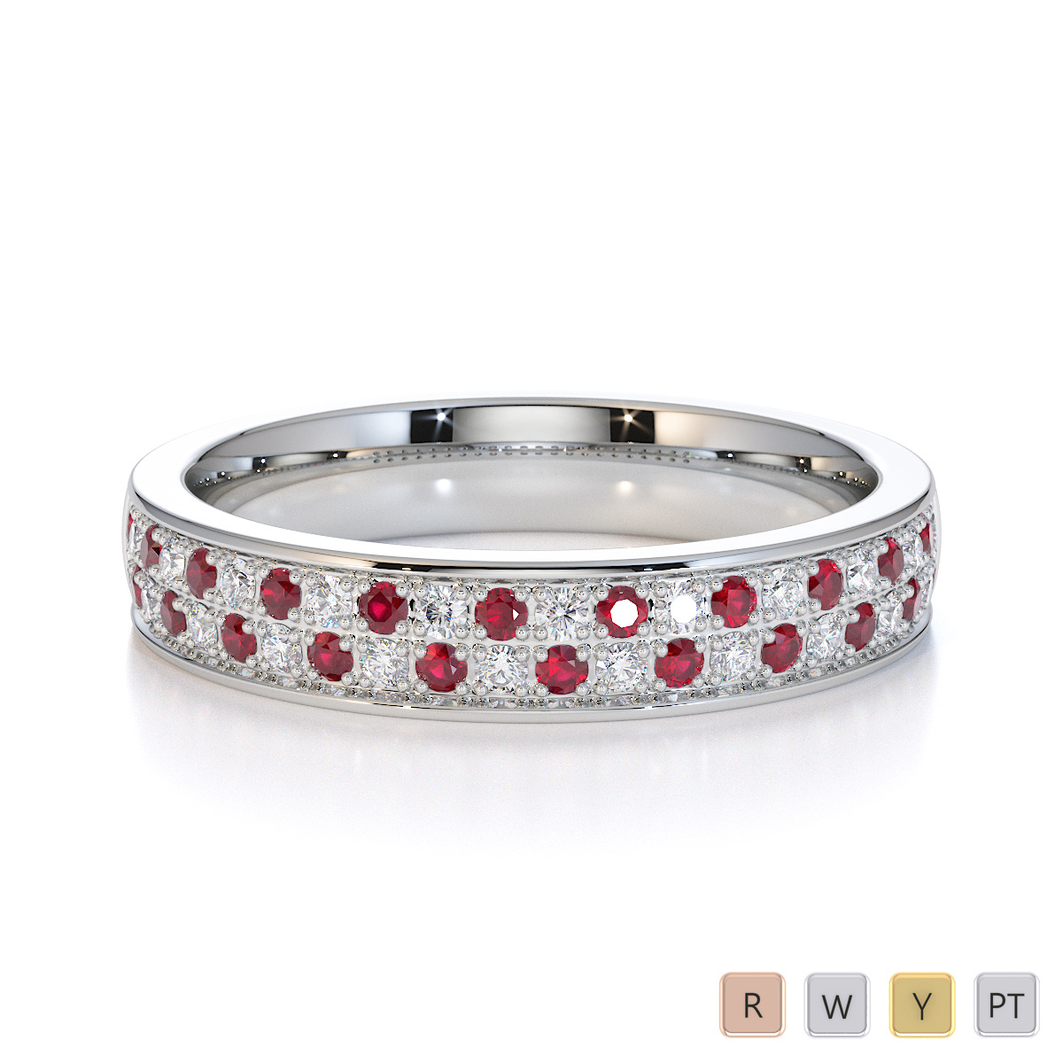 Double Row Round Cut Diamond & Ruby Half Eternity Ring 0431