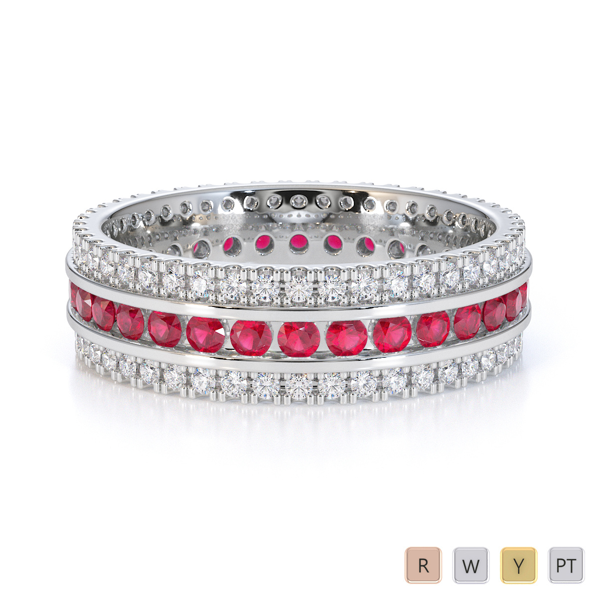 3 Row Channel Set Ruby and Prong Set Diamond Full Eternity Ring 0450