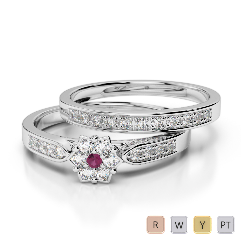 Round Cut Ruby and Diamond Bridal Set Ring in Gold / Platinum ATZR-0290