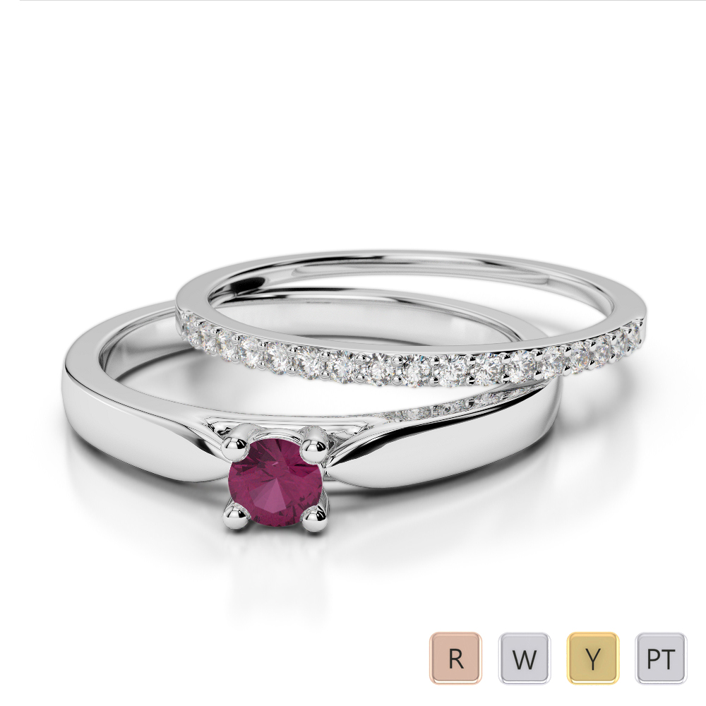 4 Claw Set Solitaire Ruby & Diamond Bridal Set Ring in Gold / Platinum ATZR-0294