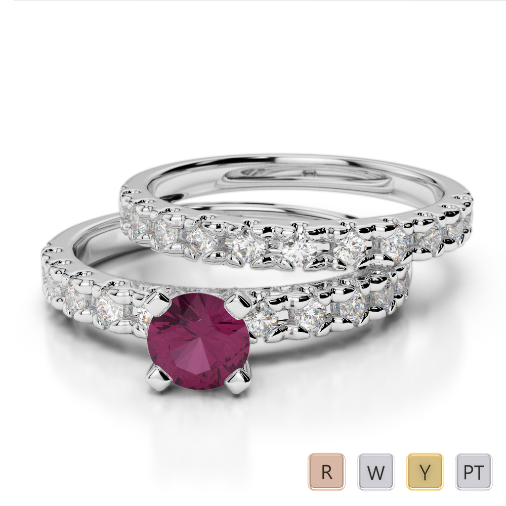 Round Cut Bridal Set Ring With Diamond & Ruby in Gold / Platinum ATZR-0299