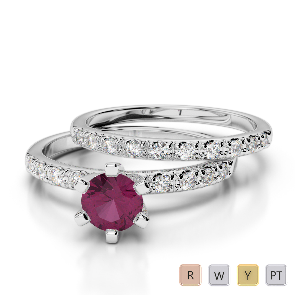 Round Cut Ruby Bridal Set Ring With Diamond in Gold / Platinum ATZR-0304