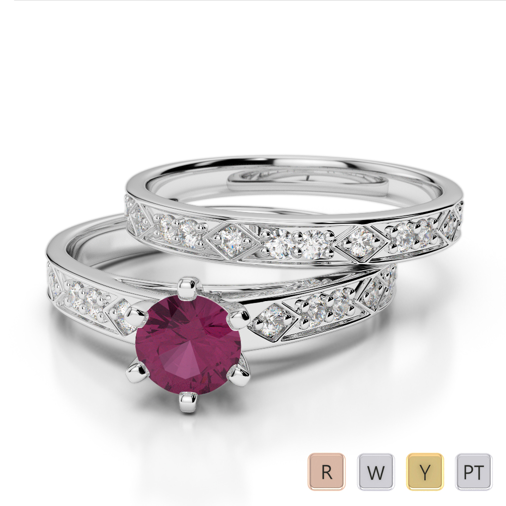 Round Cut Ruby Bridal Set With Diamond Ring in Gold / Platinum ATZR-0306