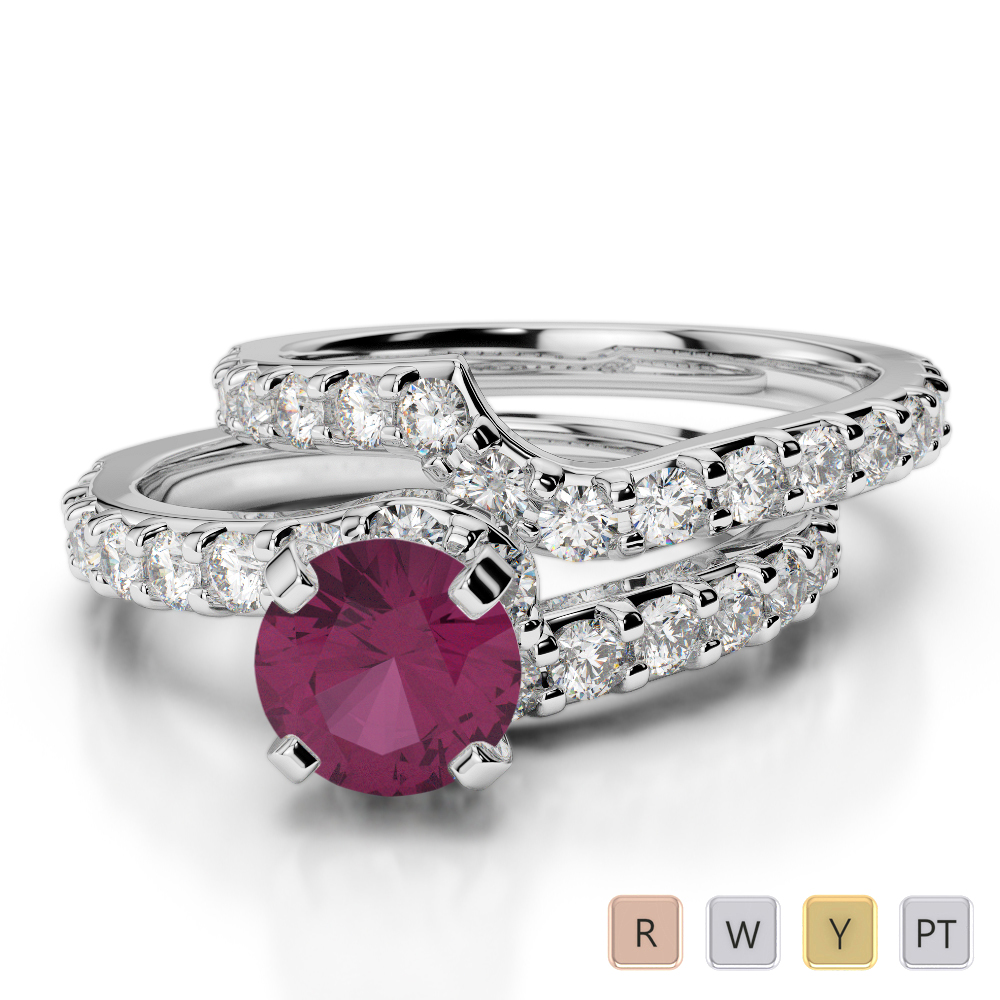 Four Claw Set Ruby Bridal Set Ring With Diamond in Gold / Platinum ATZR-0325