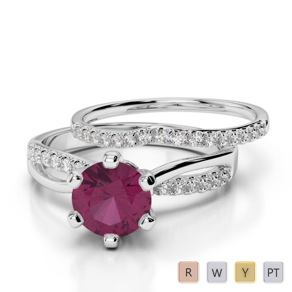 Scallop Set Ruby and Diamond Bridal Set Ring in Gold / Platinum ATZR-0334