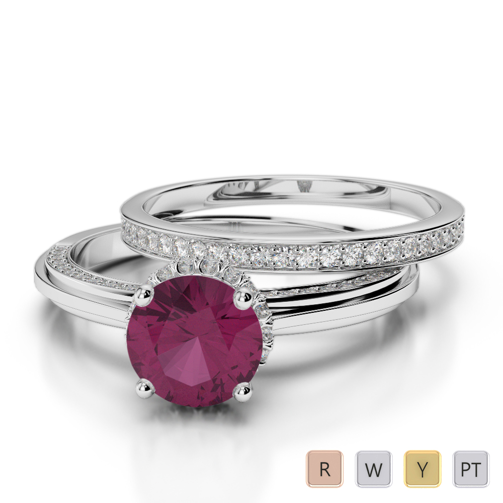 Round Cut Ruby Bridal Set Ring With Diamond in Gold / Platinum ATZR-0340