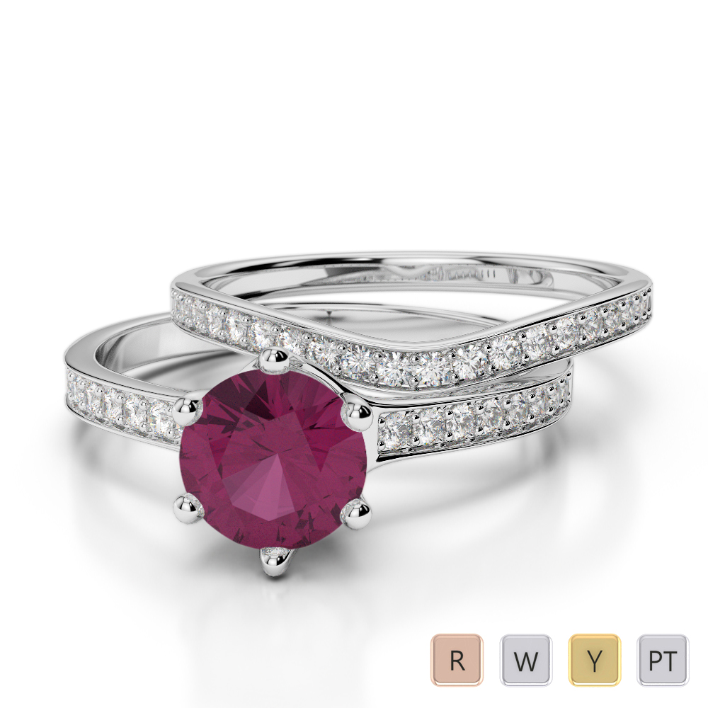 Round Cut Bridal Set Ring With Diamond & Ruby in Gold / Platinum ATZR-0348