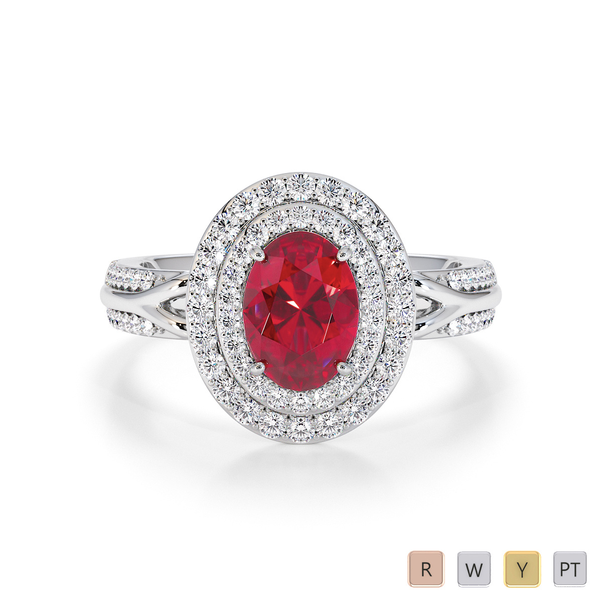 Round Cut Diamond & Oval Shape Ruby Engagement Ring 0778