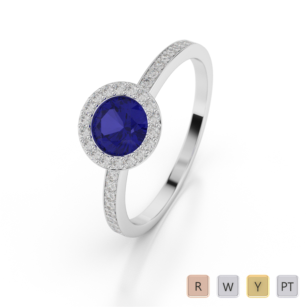 Round Shape Blue Sapphire and Diamond Engagement Ring in Gold / Platinum ATZR-0053