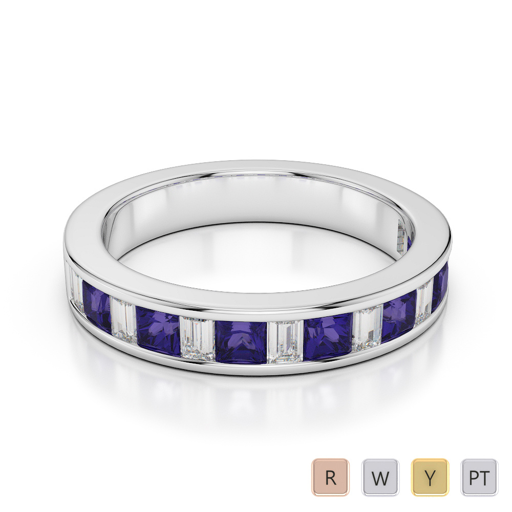 4 MM Princess Tanzanite & Baguette Cut Diamond Half Eternity Ring 0421