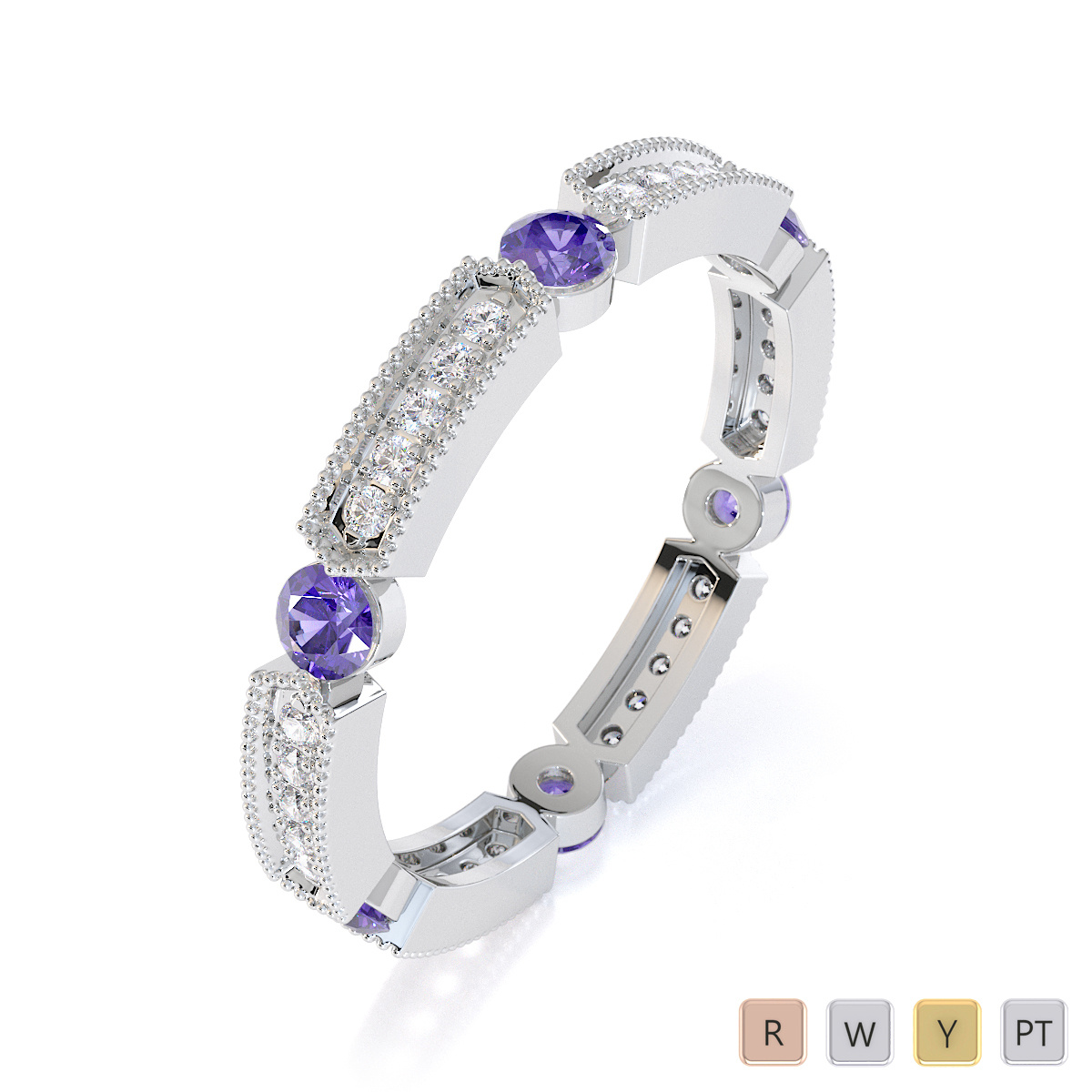 Milgrain Prong Set Diamond & Bezel Set Tanzanite Full Eternity Ring 0424
