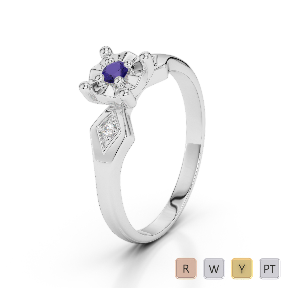Three Stone Diamond and Tanzanite Engagement Ring in Gold / Platinum ATZR-0231