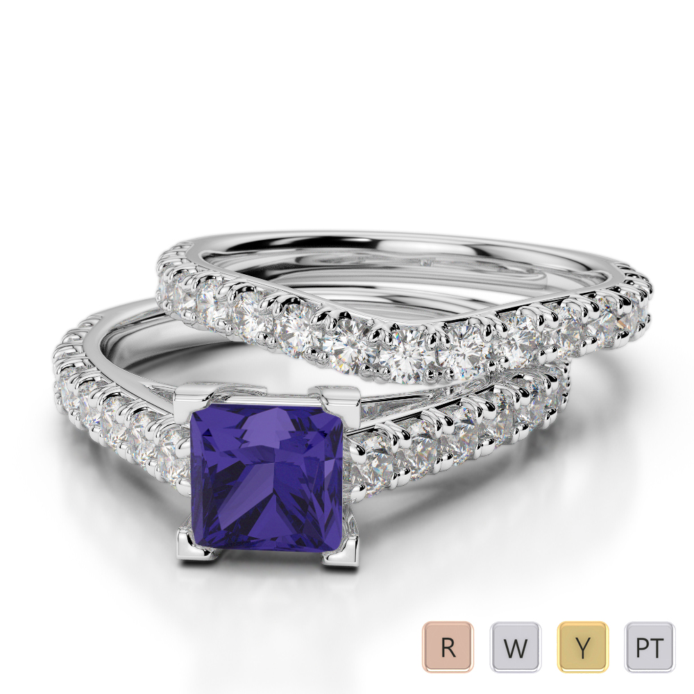 Princess Cut Tanzanite & Round Diamond Bridal Set Ring in Gold / Platinum ATZR-0327