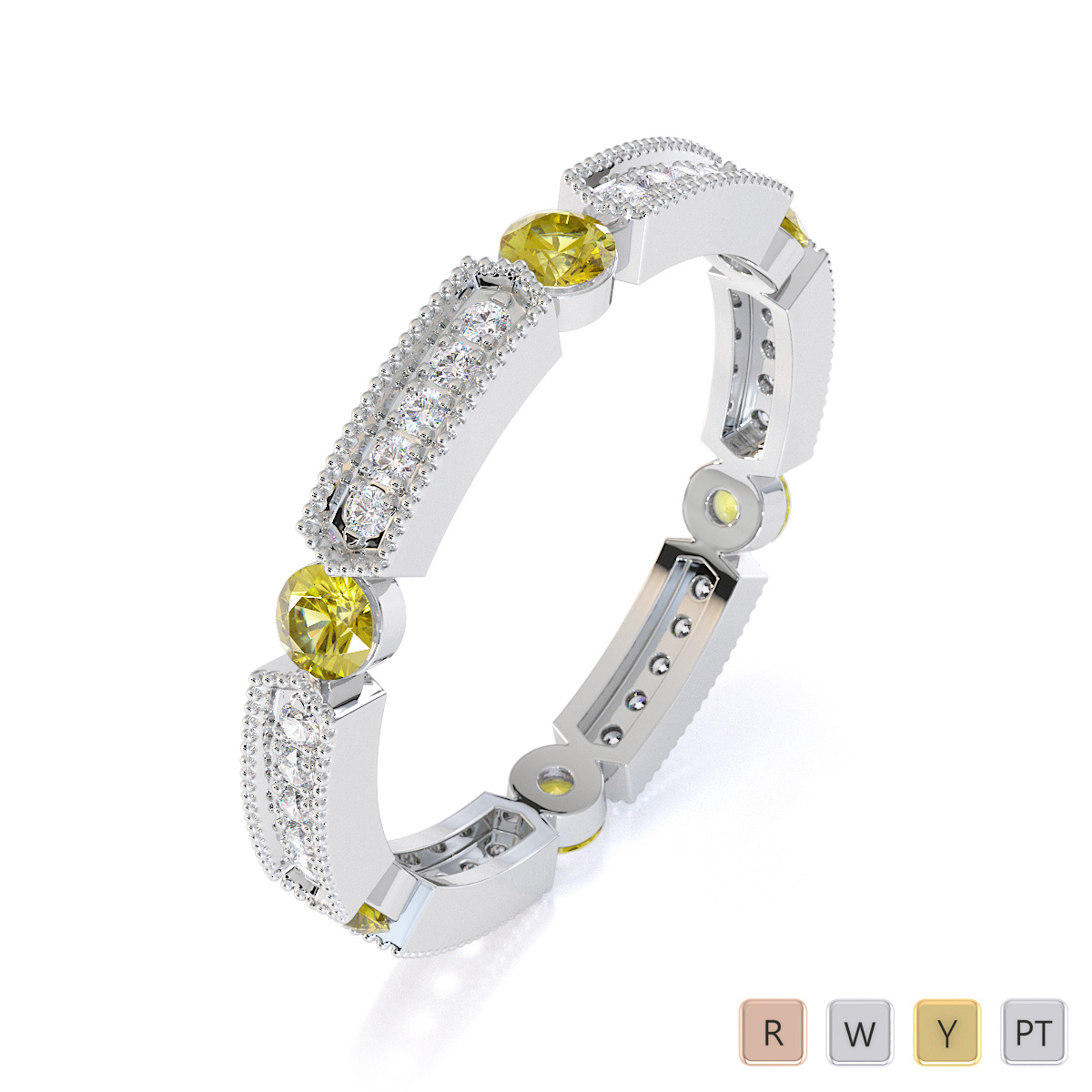 Milgrain Prong Set Diamond & Bezel Set Yellow Sapphire Full Eternity Ring 0424
