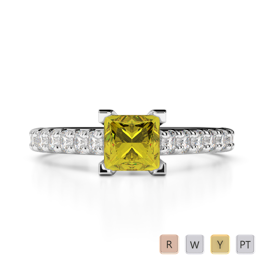 Princess Cut Yellow Sapphire & Round Diamond Engagement Ring in Gold / Platinum ATZR-0261