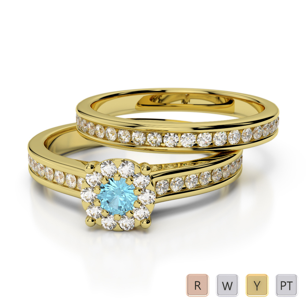 Channel Set Diamond & Prong Set Aquamarine Bridal Set Ring 0323