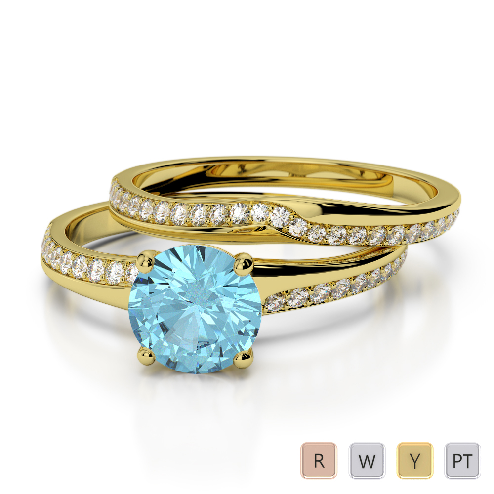 Claw Set Aquamarine and Diamond Bridal Set Ring in Gold / Platinum ATZR-0331