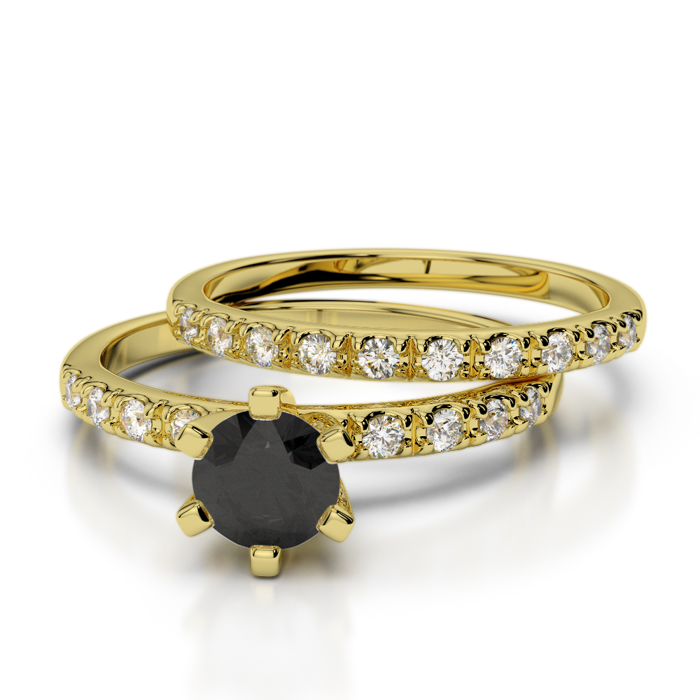 Round Cut Bridal Set Ring With Black Diamond in Gold / Platinum ATZR-0304