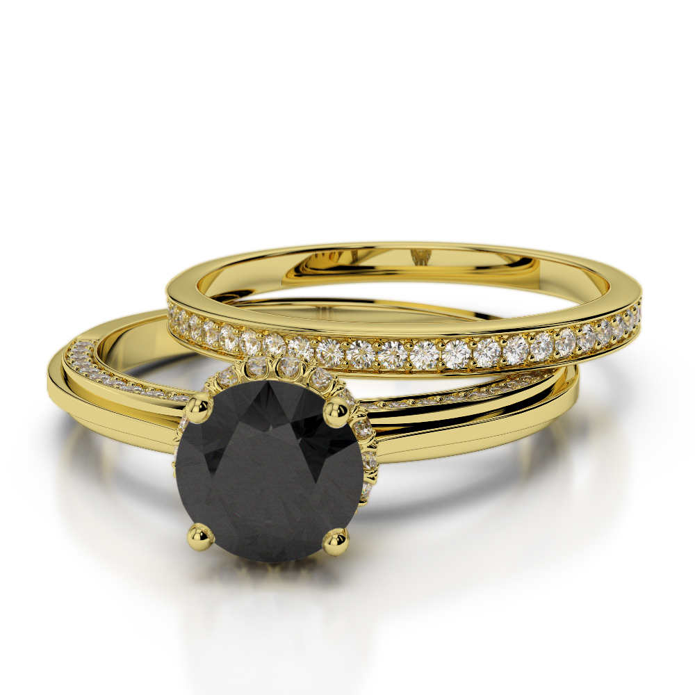 Round Cut Bridal Set Ring With Black Diamond in Gold / Platinum ATZR-0340