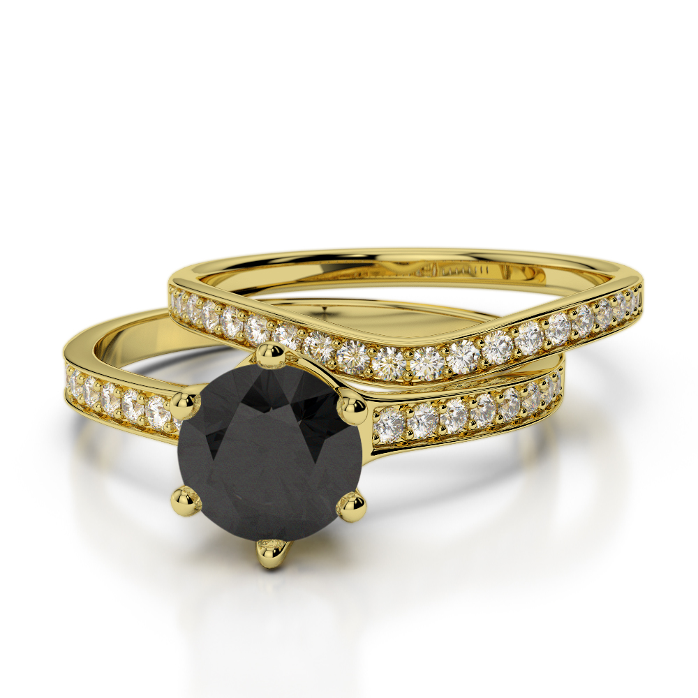 Round Cut Bridal Set Ring With Black Diamond in Gold / Platinum ATZR-0348