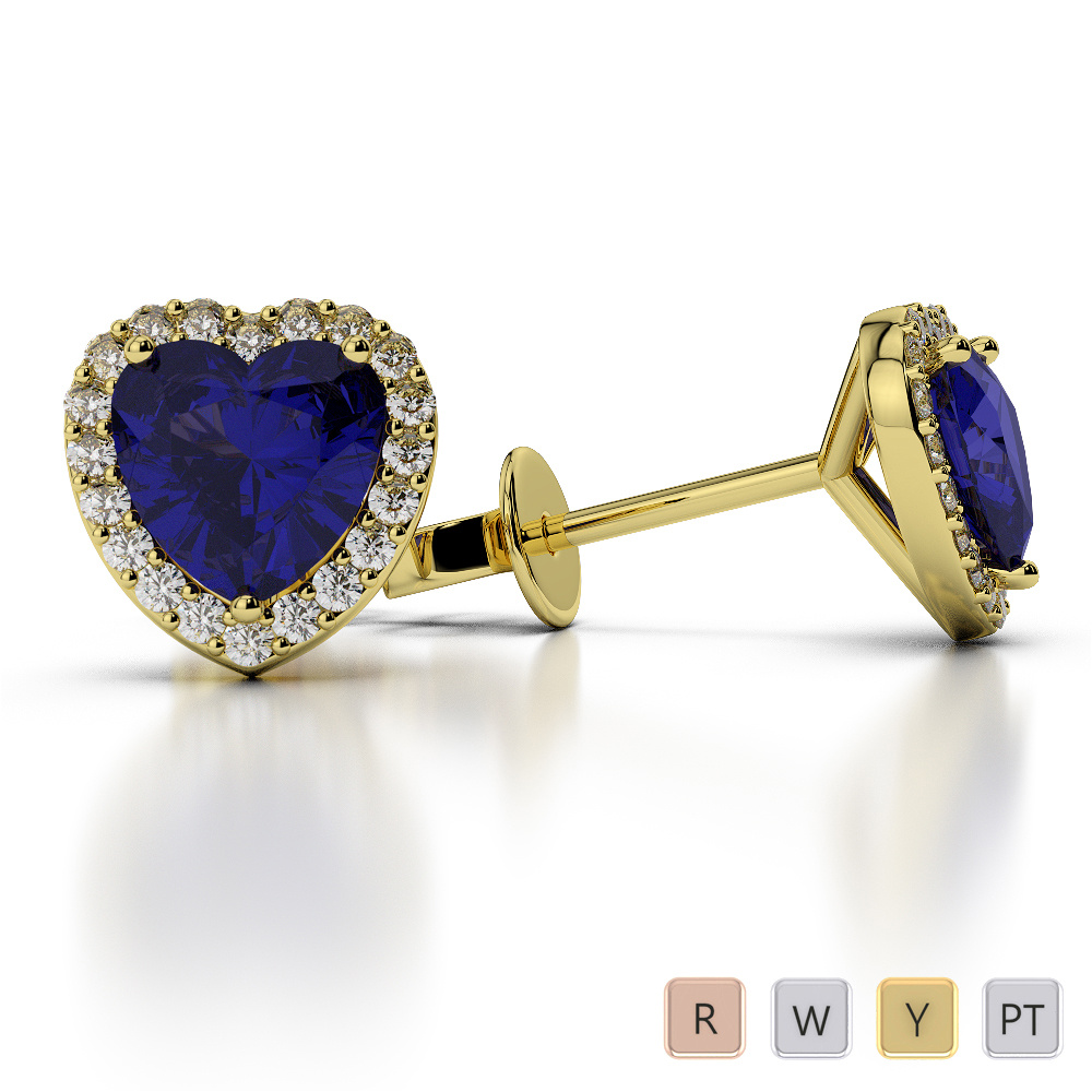 Heart Shape Blue Sapphire & Round Diamond Earrings 0469
