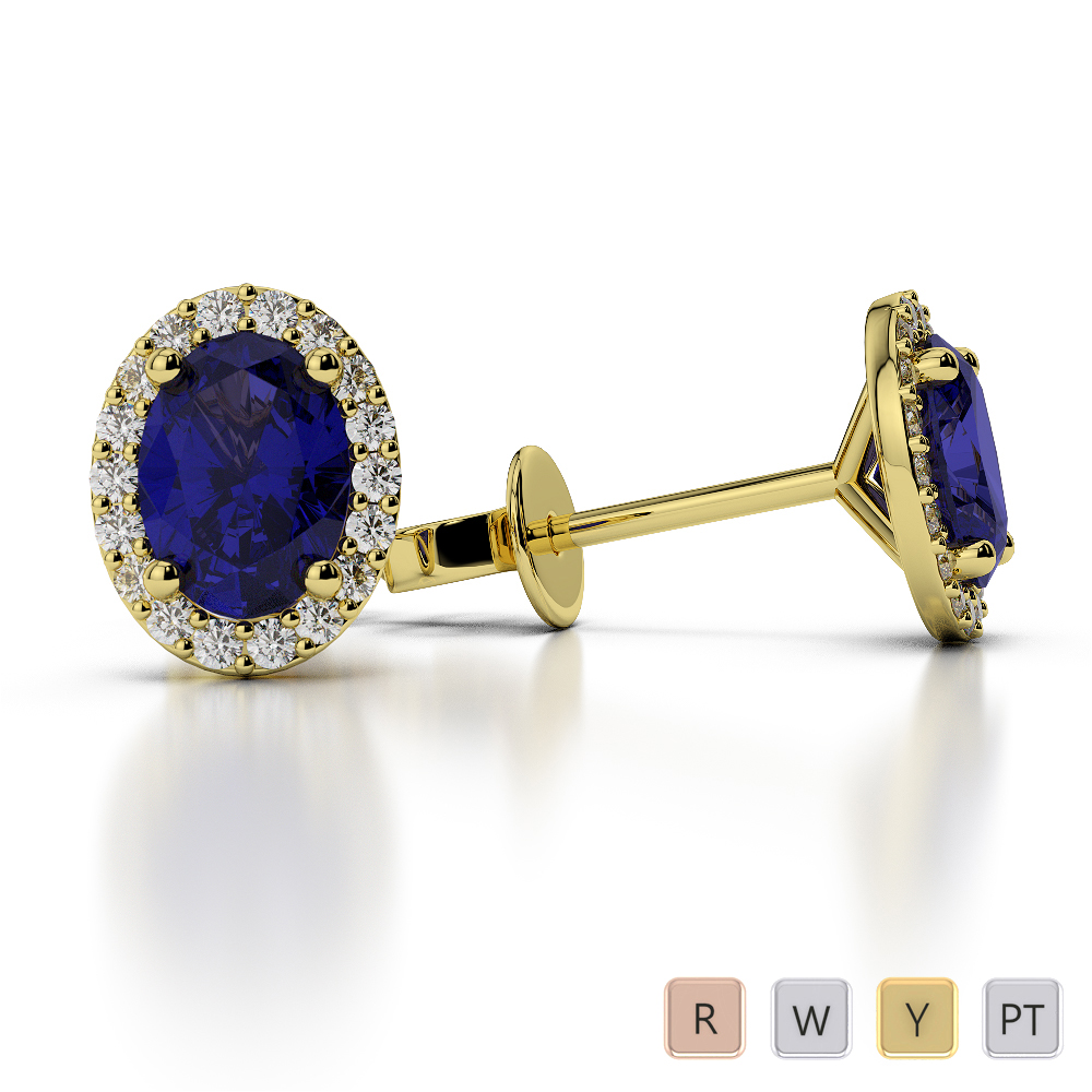 Oval Shape Blue Sapphire Earrings With Diamond in Gold / Platinum ATZER-0475