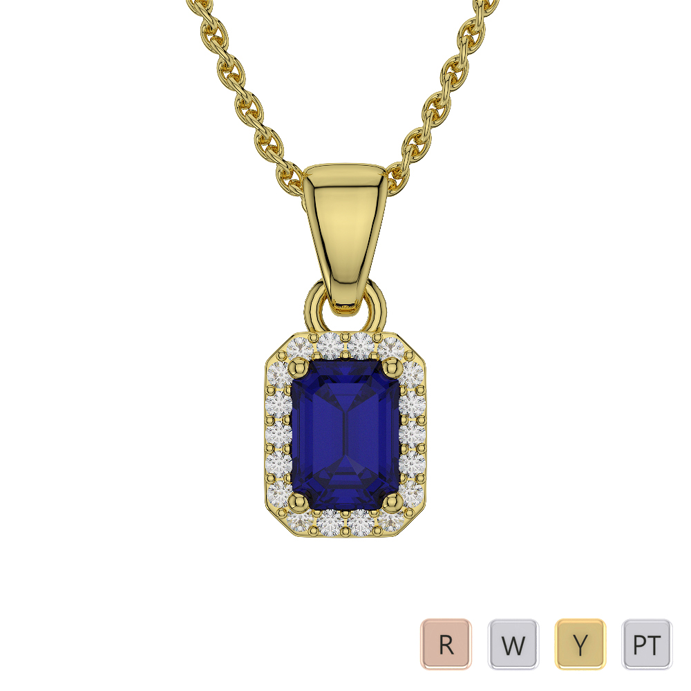 Prong Set Blue Sapphire Necklaces With Diamond in Gold / Platinum ATZNK-0560
