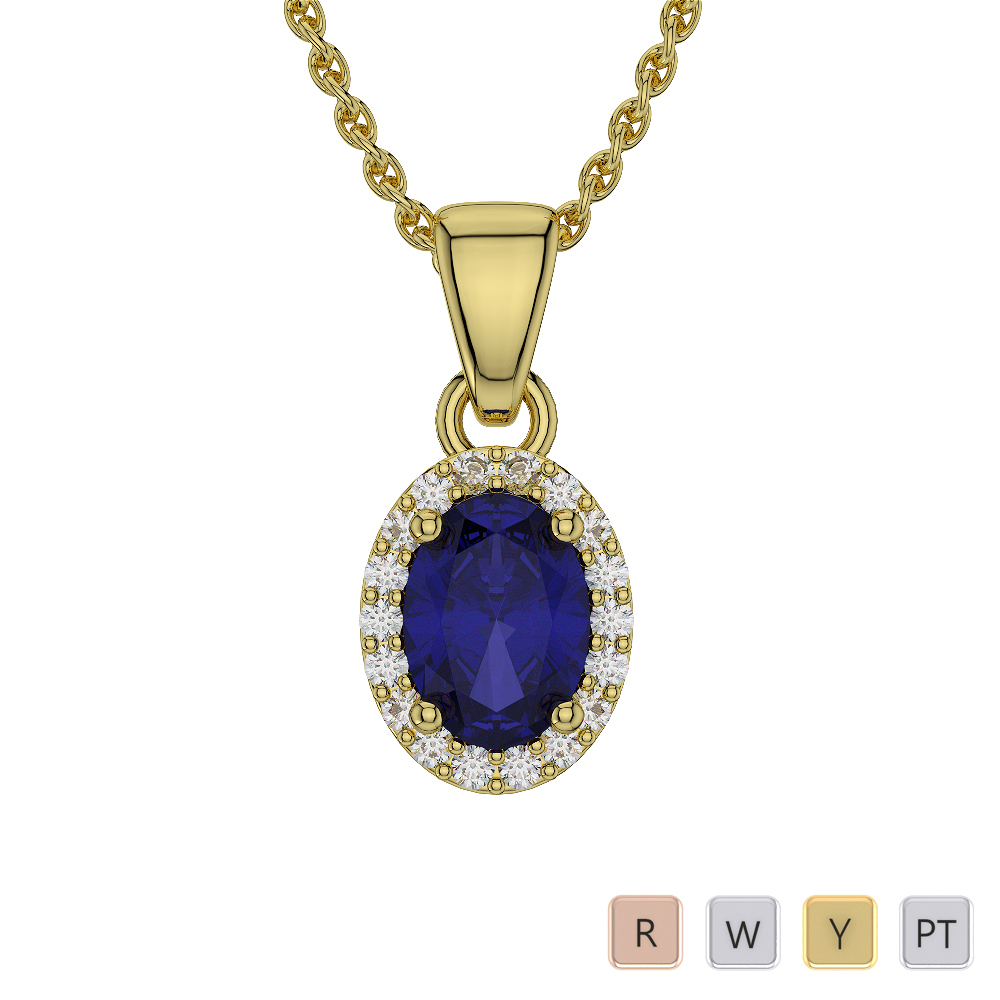 Oval Shape Blue Sapphire Necklaces With Diamond in Gold / Platinum ATZNK-0568